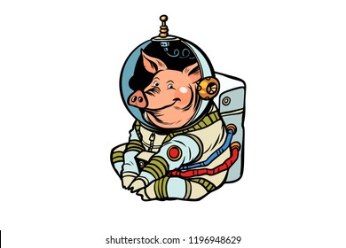 Pig astronaut character. Chinese new year of the pig. Comic cartoon pop art retro vector illustration