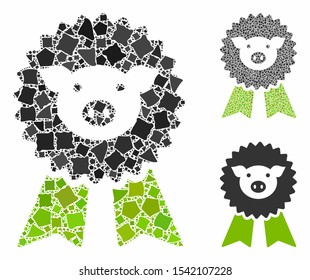 Pig award seal composition of irregular items in different sizes and color tints, based on pig award seal icon. Vector raggy items are composed into composition.