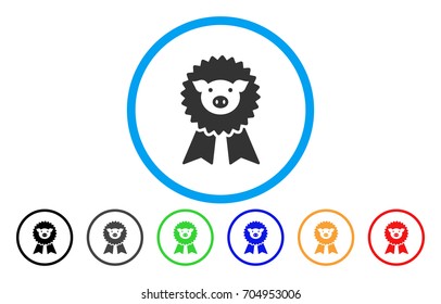 Pig Award Seal vector rounded icon. Image style is a flat gray icon symbol inside a blue circle. Additional color variants are gray, black, blue, green, red, orange.