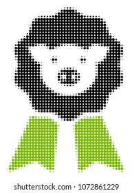 Pig Award Stamp halftone vector pictogram. Illustration style is dotted iconic Pig Award Stamp icon symbol on a white background. Halftone matrix is circle points.