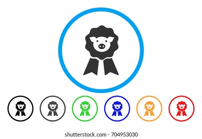 Pig Award Stamp vector rounded icon. Image style is a flat gray icon symbol inside a blue circle. Bonus color versions are gray, black, blue, green, red, orange.