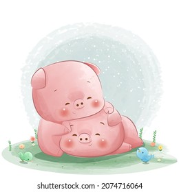 The pig and baby pig is hugging each other  for cover book, print, baby shower, nursery decorations, birthday invitations, poster, greeting card