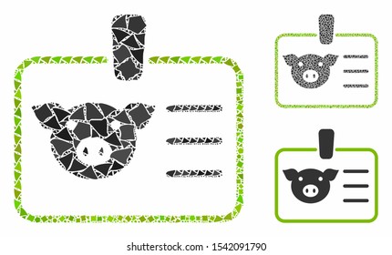 Pig badge mosaic of tremulant pieces in variable sizes and color tints, based on pig badge icon. Vector tremulant pieces are organized into collage. Pig badge icons collage with dotted pattern.