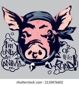 Pig with bandana and studded necklace, spray painted on a street wall. Stencil of a pig's face.