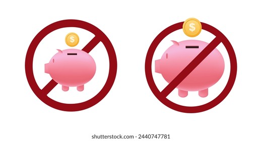 pig bank ban prohibit icon. Not allowed saving money crossed circle