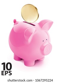 Pig bank with coin, isolated. Vector 3d illustration