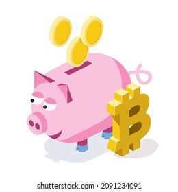 Monedas de banco de cerdo bitcoin. Vector 3d línea isométrica, iconos de color web, nuevo estilo plano. Idea de diseño creativo para infografías.