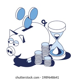 Pig bank, coins money, hourglass. Vector 3d line isometric, color web icons, new flat style. Creative design idea for infographics.