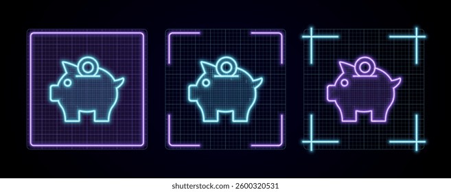 Pig bank illustration, cyber neon visual, glowing border grid vector.	
