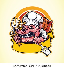 pig barbecue bbq mascot logo with banner