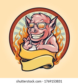 Pig barbecue bbq mascot logo With Ribbon and Fire Vintage