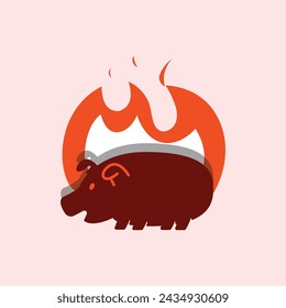 Diseño de logotipo de barbacoa de cerdo con vector de fuego simple 