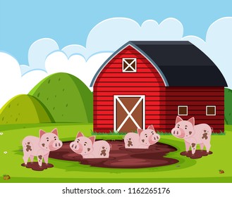 Pig at the barn house illustration