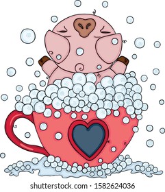 Pig Bathing On Tea Cup With Soap Bubbles
