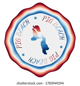 Pig Beach badge. Map of the island with beautiful geometric waves and vibrant red blue frame. Vivid round Pig Beach logo. Vector illustration.