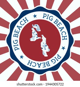 Pig Beach Badge. Round logo of island with triangular mesh map and radial rays. EPS10 Vector.