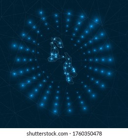 Pig Beach digital map. Glowing rays radiating from the island. Network connections and telecommunication design. Vector illustration.