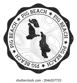 Pig Beach Außenmarke. Rundaufkleber mit Inselkarte mit topographischen Isolinen. Vektorgrafik. Kann als Insignien, Logotyp, Etikett, Aufkleber oder Abzeichen des Schweinestrandes verwendet werden.