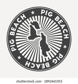Rundlogos von Pig Beach. Vintage Reise-Abzeichen mit dem kreisförmigen Namen und Karte der Insel, Vektorgrafik. Kann als Insignien, Logotyp, Etikett, Aufkleber oder Abzeichen des Schweinestrandes verwendet werden.