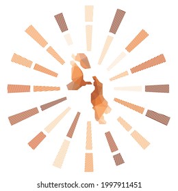 Pig Beach sunburst. Low poly striped rays and map of the island. Modern vector illustration.
