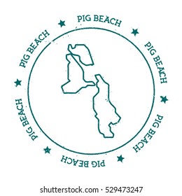 Pig Beach vector map. Retro vintage insignia with island map. Distressed travel stamp with Pig Beach text wrapped around a circle and stars. Pig Beach map vector illustration.