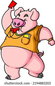 The pig is being a referee and blowing the whistle to take out red card of illustration