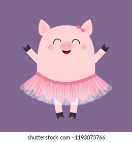 Pig bellerina. Piggy piglet ballet dancer dressed in pink skirt. Tutu dress. Cute cartoon funny baby kids character. Smiling face. Hog swine sow animal. Flat design. Violet background. Vector