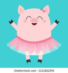 Pig bellerina. Piglet piggy ballet dancer dressed in pink skirt. Cute cartoon funny baby kids character. Tutu dress. Smiling face. Hog swine sow animal. Flat design. Blue background. Vector