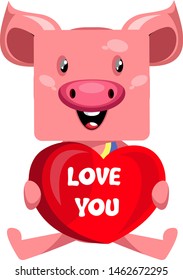 Cerdo con corazón grande, ilustración, vector sobre fondo blanco.