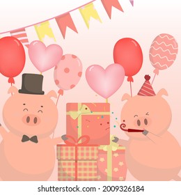 Pig Birthday Party Preparation Together They Decorated The Venue With Balloons And Flags. And Prepare A Paper Shooter For Celebration. Flat Vector Illustration