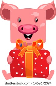 Pig with birthday present, illustration, vector on white background.