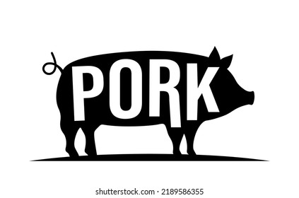 Pig black silhouette with lettering. Pork symbol. Piggy silhouette. Farm animal icon isolated on white background.