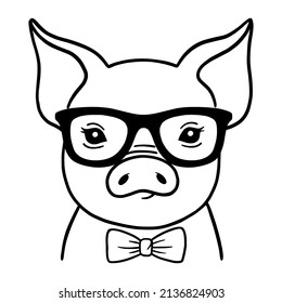 Pig black and white hand drawn portrait. Pig face in line. Pig head with glasses and  bowtie. Farm animals.  Good for posters, t shirts, postcards.