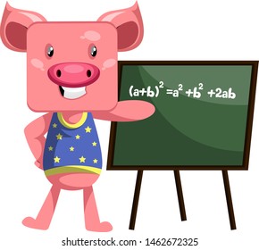 Pig with blackboard, illustration, vector on white background.