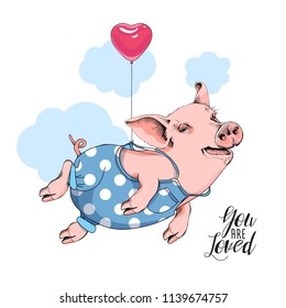 Pig in a blue polka dot denim with a pink heart balloon on a sky background. You are loved - lettering quote. Comic card, poster, t-shirt composition, hand drawn style print. Vector illustration.