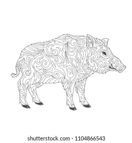 Pig or boar for coloring book. Doodle ornament. Vector illustration with ornamental wild pig.