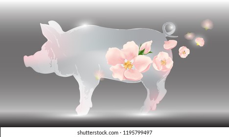 Pig, boar, vector, symbol, 2019. Silver, white, metal, pink, red, yellow, crystal, female, elegant, delicate, spring, wreath, frame, composition, postcard with pig and flowers.