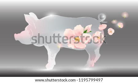 Pig, boar, vector, symbol, 2019. Silver, white, metal, pink, red, yellow, crystal, female, elegant, delicate, spring, wreath, frame, composition, postcard with pig and flowers.