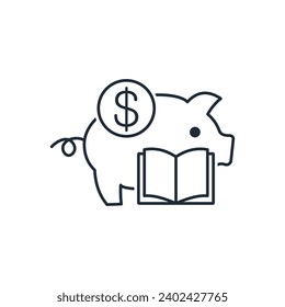 Pig with a book and a dollar. Financial literacy, awareness.  Vector linear icon illustration isolated on white background.