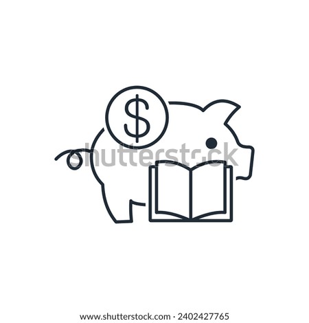 Pig with a book and a dollar. Financial literacy, awareness.  Vector linear icon illustration isolated on white background.