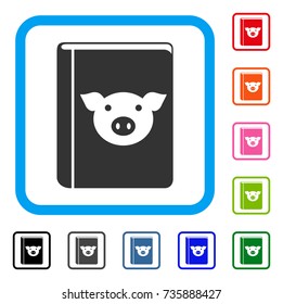 Pig Book icon. Flat gray iconic symbol inside a light blue rounded squared frame. Black, gray, green, blue, red, orange color variants of Pig Book vector. Designed for web and software interfaces.