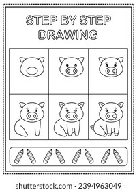 Pig. Book page, drawing step by step. Black and white vector coloring page.