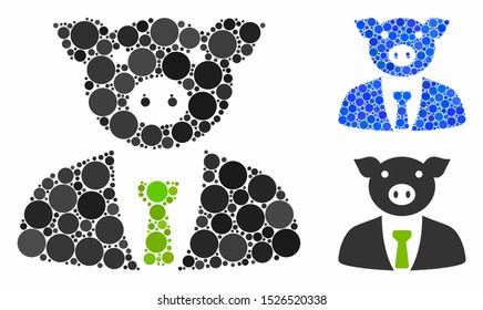 Pig boss mosaic for pig boss icon of filled circles in various sizes and color hues. Vector filled circles are organized into blue illustration. Dotted pig boss icon in usual and blue versions.