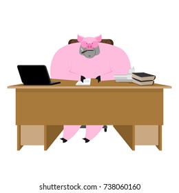 Pig boss. Piglet businessman at desk. Farm office. Vector illustration
