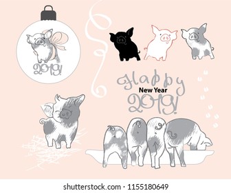 Pig with a bow on the Christmas ball, four funny, mischievous pig, piglets eat from the trough. Happy New year 2019