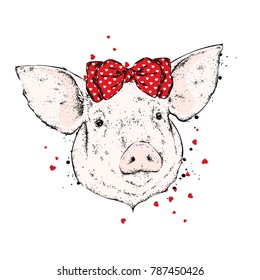 Pig with a bow on his head. Vector illustration for a postcard or a poster. Piglet in clothes and accessories. Animal.