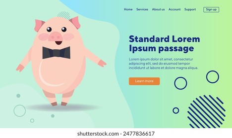 Pig with bow tie flat vector illustration. Cartoon character standing and smiling. Animal, behavior, fashion concept can be used for banner or landing page