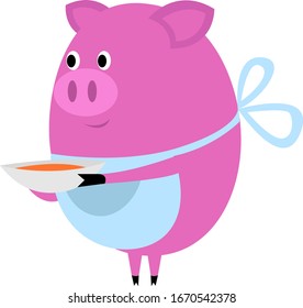 Pig with bowl of soup, illustration, vector on white background.