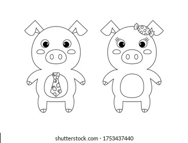 Pig boy and pig girl vector illustration cartoon isolated on white background. Cute pig vector cartoon colorless for coloring page.  