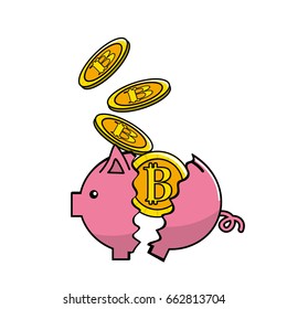 Pig broken with bitcoin currency inside